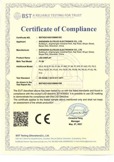 Porcellana Shenzhen EliteLED Electronics Co.,Ltd Certificazioni